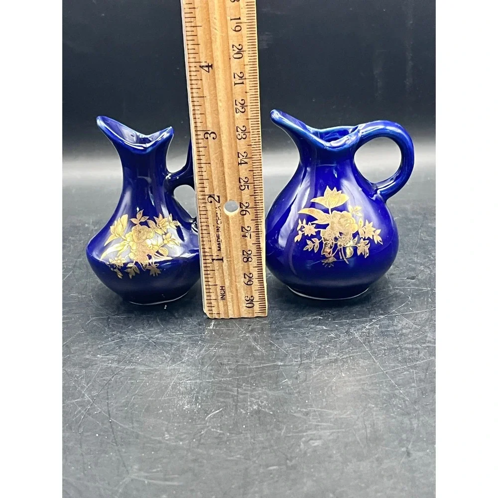 Vintage Set of 2 Chadwick Mini Bud Vases Cobalt Blue‎ Gold Flowers-3.25